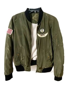 Jou Jou Military Like Aviator Front Zip Bomber Jacket Faux Sherpa Lining Patches